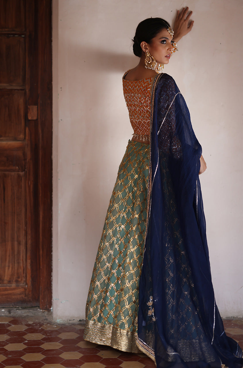 Pakistani Saffron Mirror & Gota Organza Lehenga Choli (3-Piece) - Image 3
