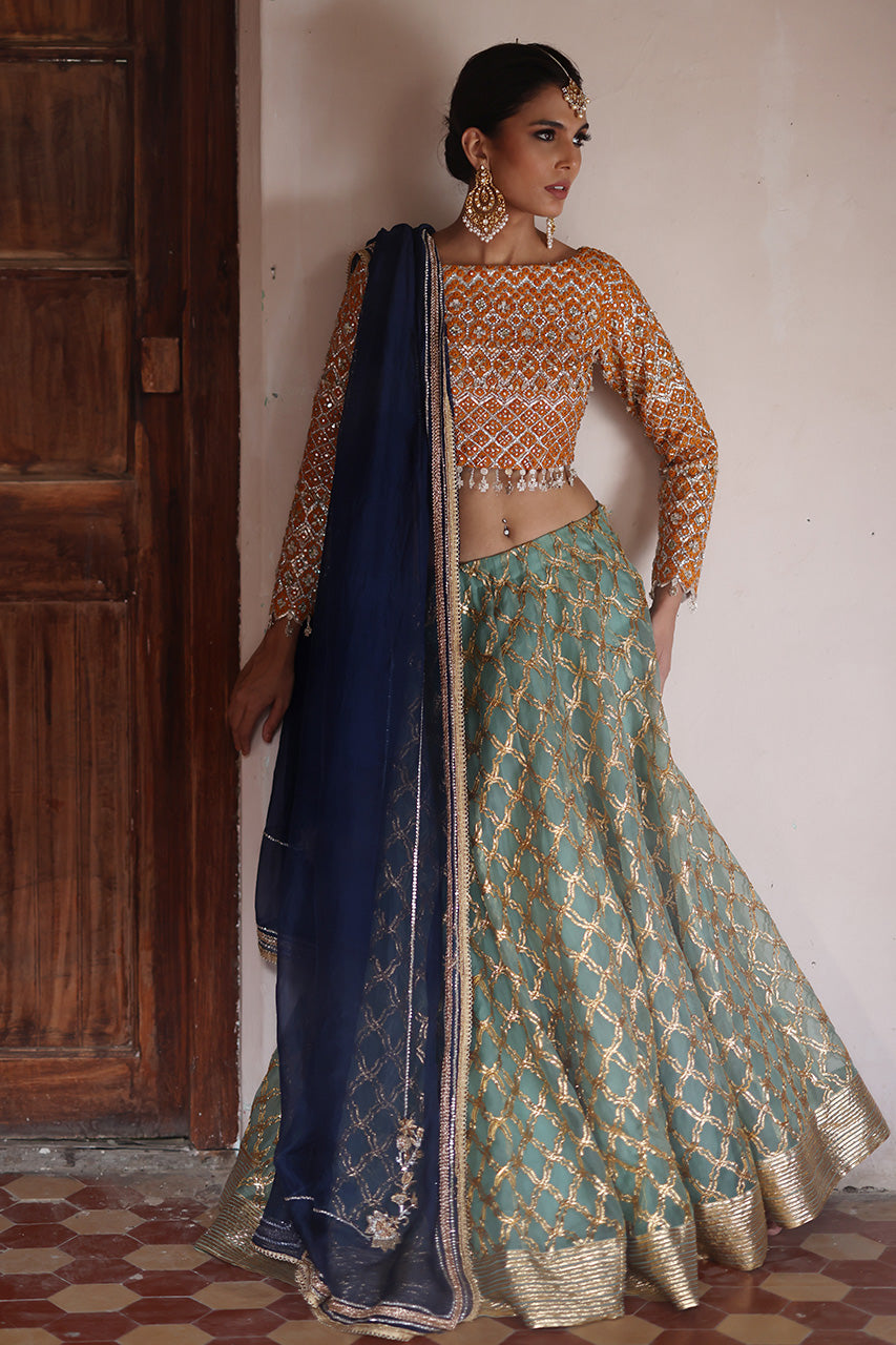 Saffron Mirror & Gota Work Organza Lehenga Choli (3-Piece) - Image 4