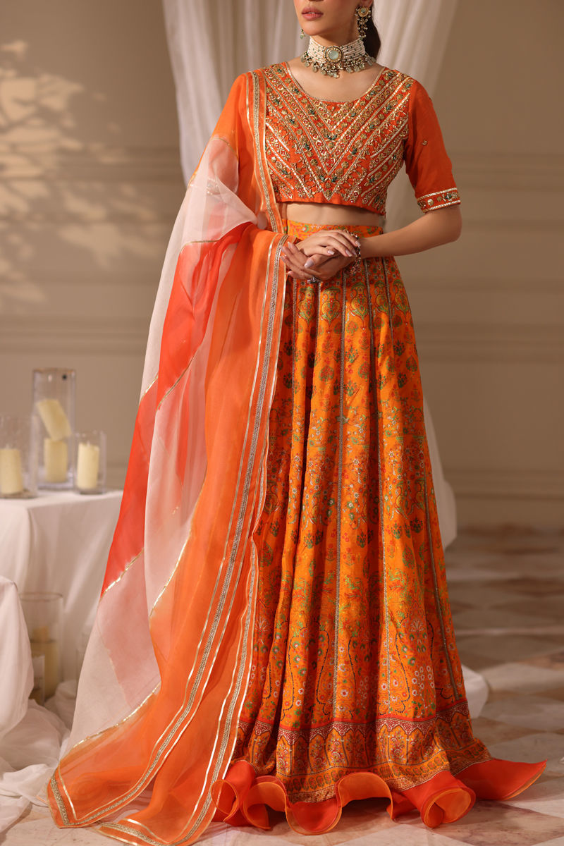 Orange Hand-Embellished Organza Lehenga (3-Piece) - Image 1