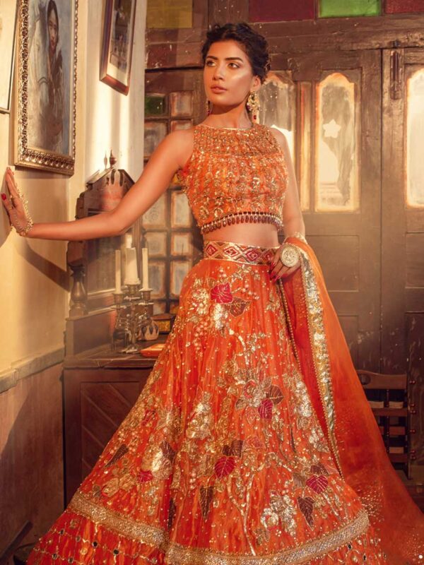 Rustic Orange Embroidered Net Lehenga Set (3-Piece) - Image 1