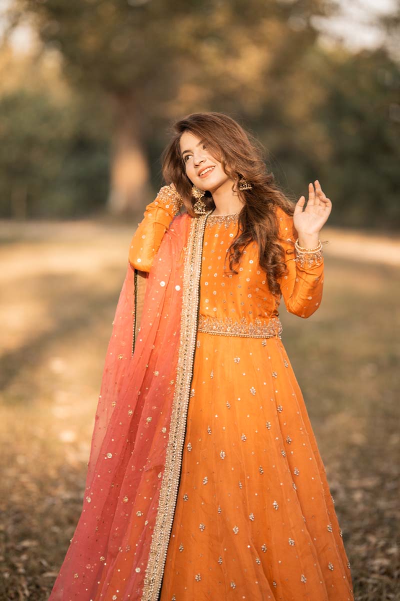Orange Embroidered Raw Silk Lehenga (3-Piece) - Image 3