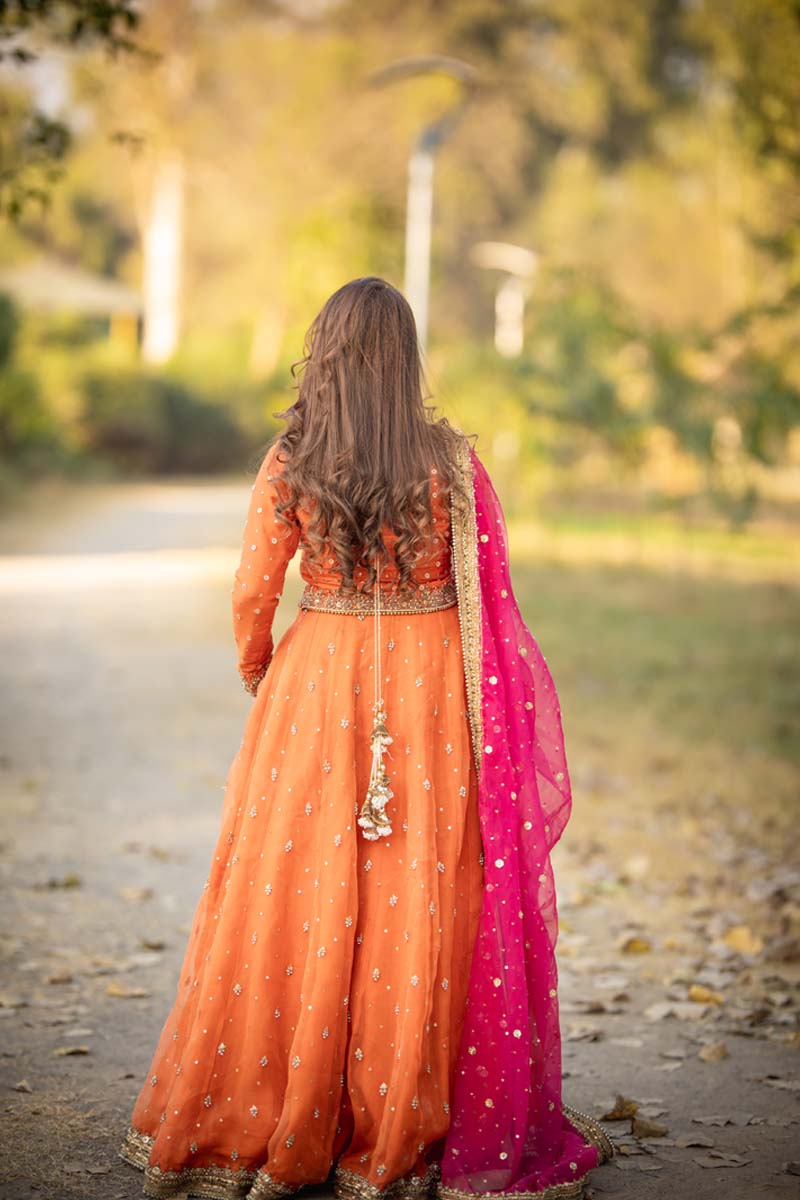 Orange Embroidered Raw Silk Lehenga (3-Piece) - Image 5