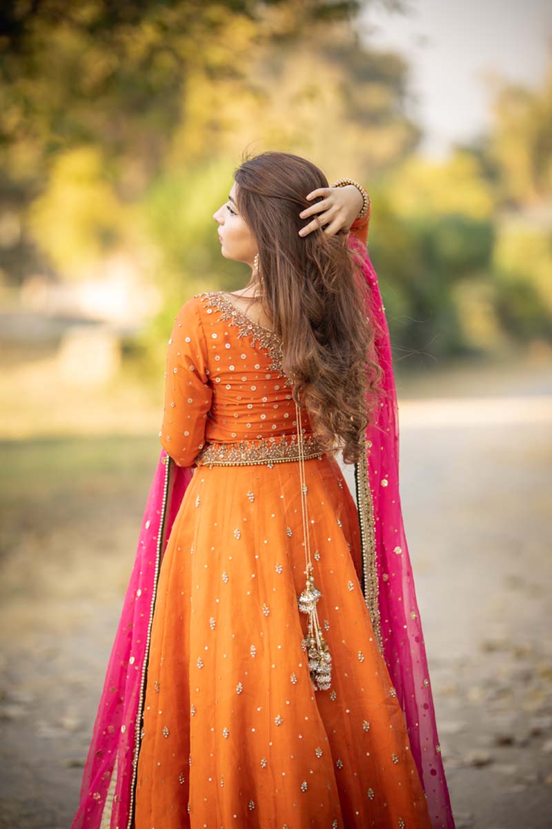 Orange Embroidered Raw Silk Lehenga (3-Piece) - Image 6