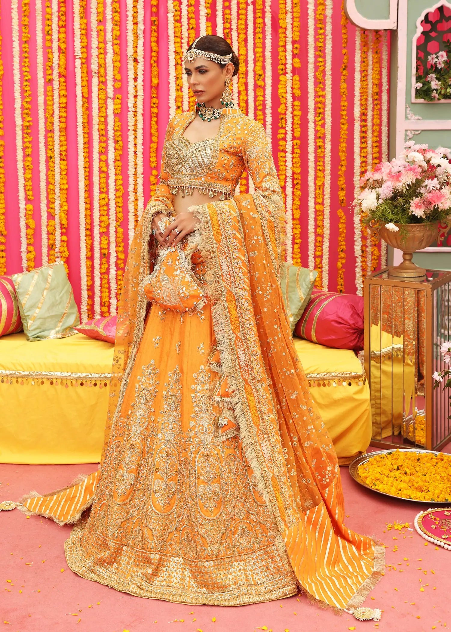 Orange Embellished Raw Silk Lehenga Choli (3-Piece) - Image 1