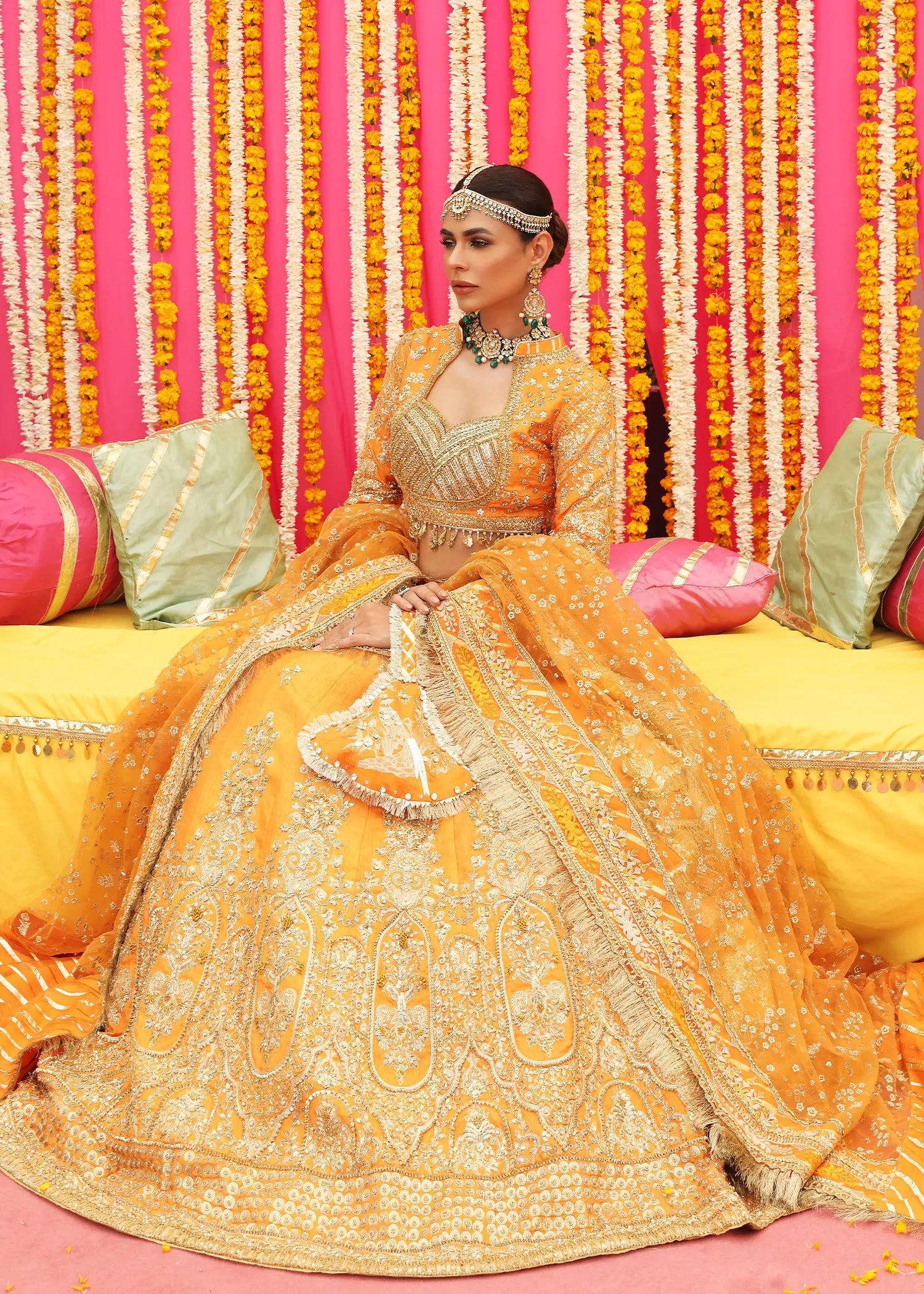 Orange Embellished Raw Silk Lehenga Choli (3-Piece) - Image 3