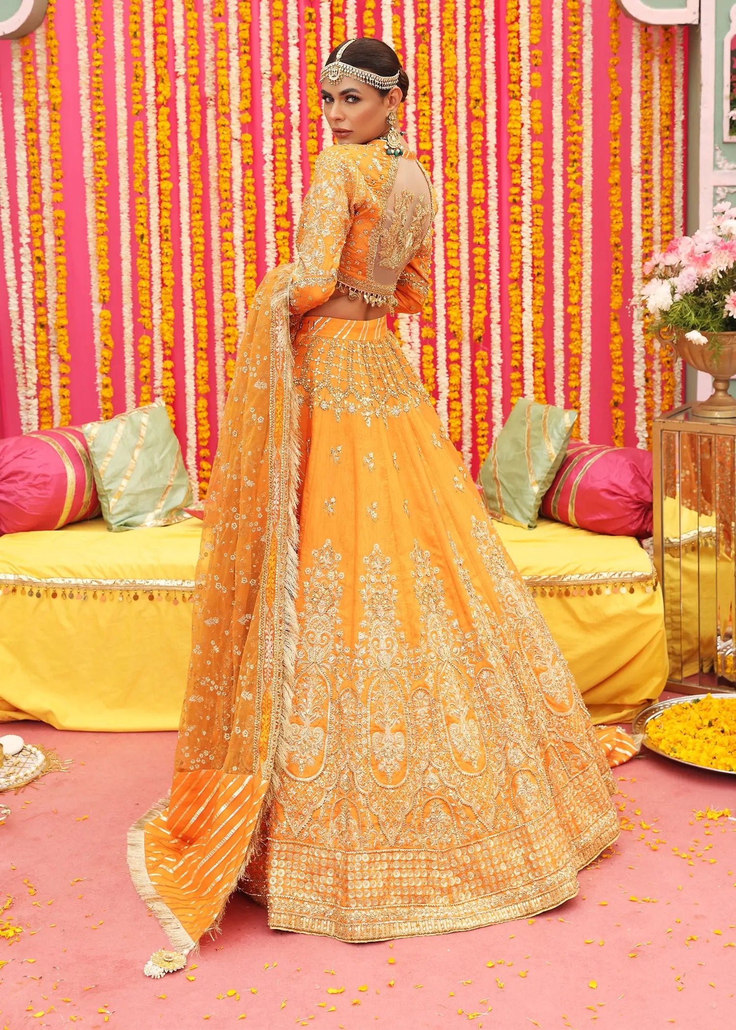 Orange Embellished Raw Silk Lehenga Choli (3-Piece) - Image 5