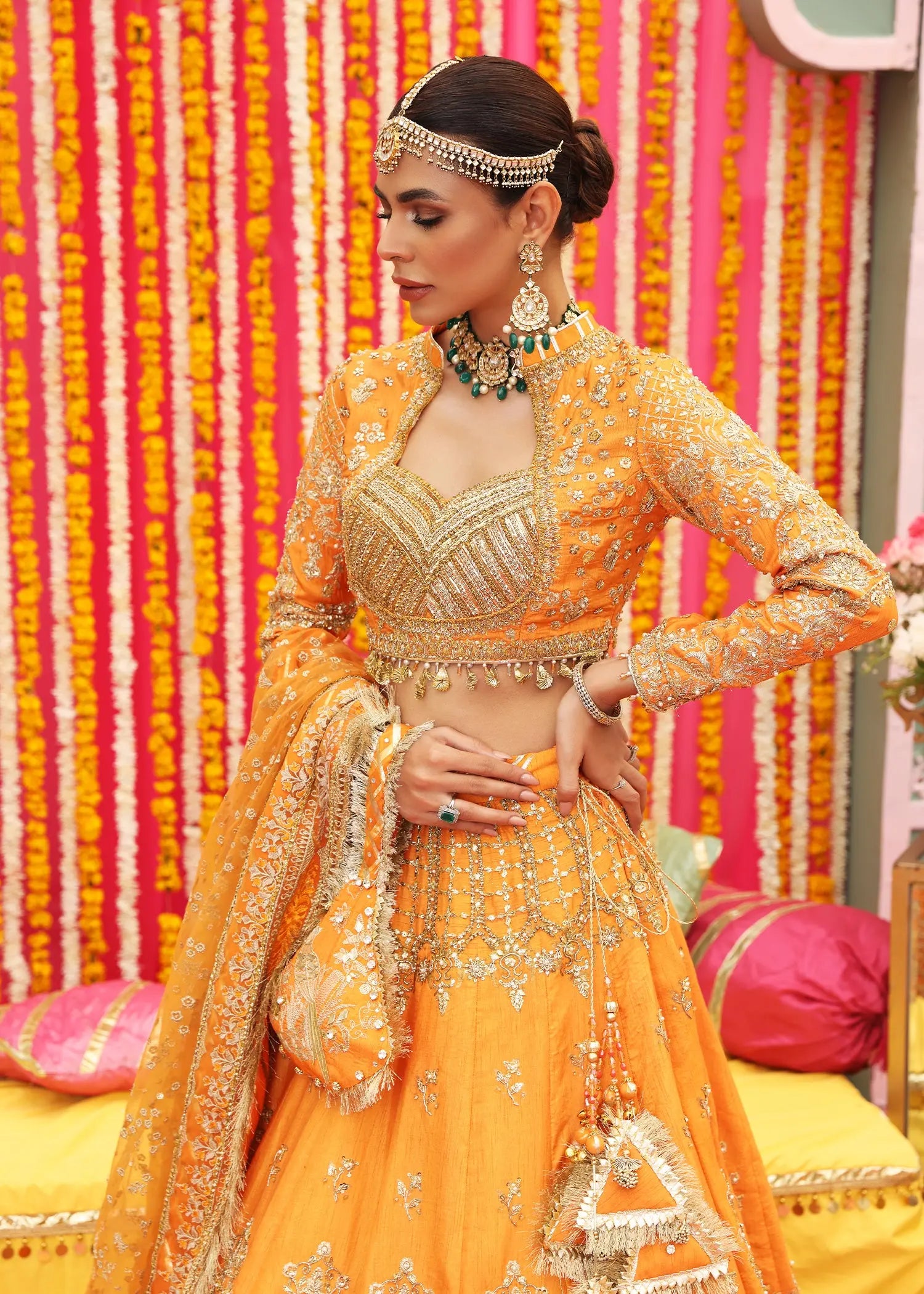 Orange Embellished Raw Silk Lehenga Choli (3-Piece) - Image 6