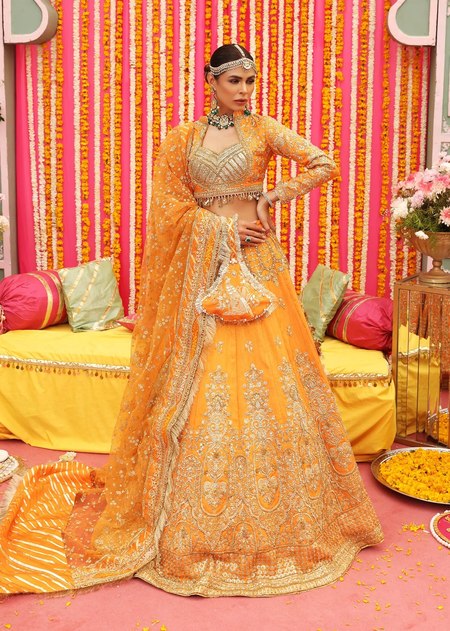 Orange Embellished Raw Silk Lehenga Choli (3-Piece) - Image 7