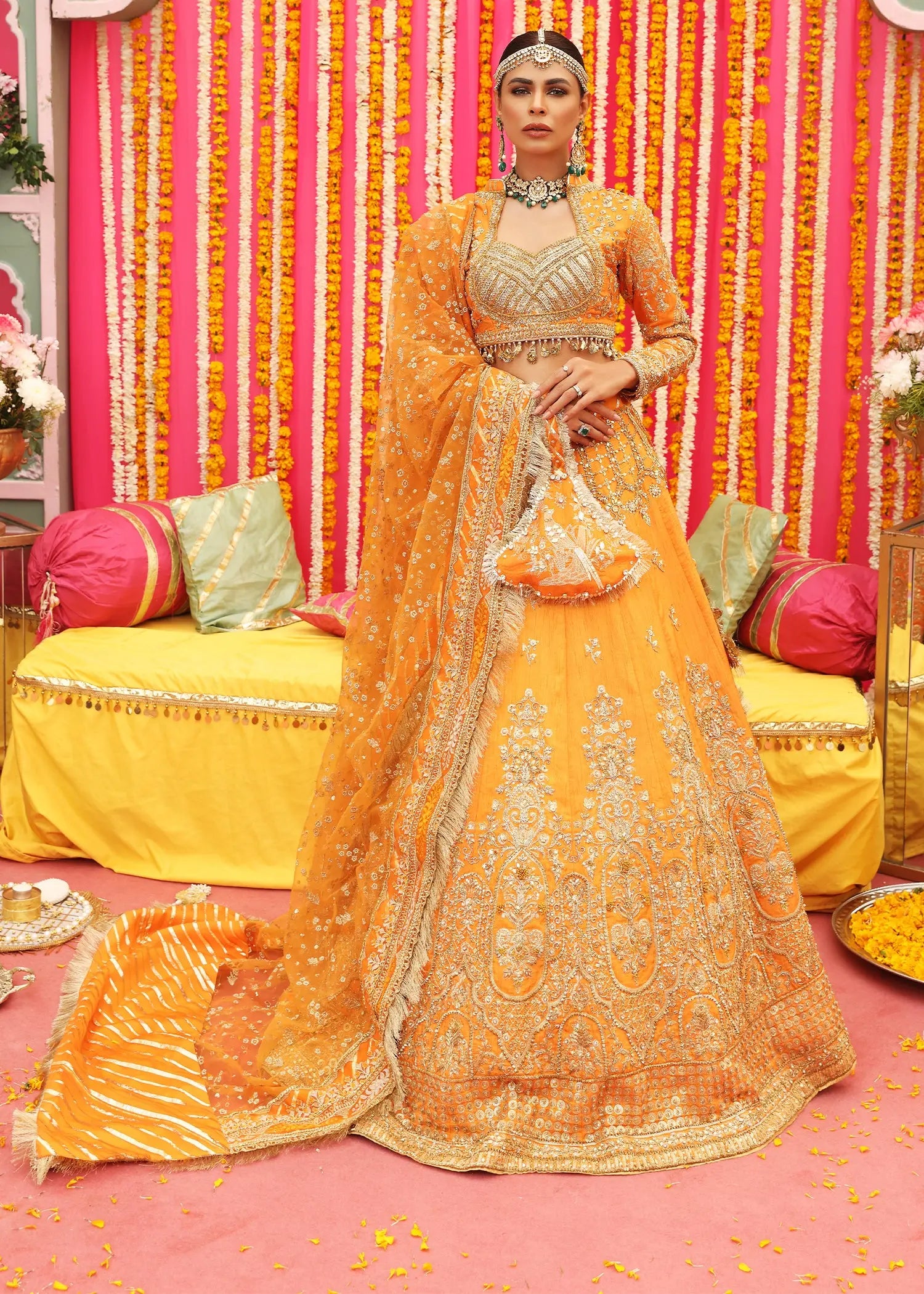 Orange Embellished Raw Silk Lehenga Choli (3-Piece) - Image 8