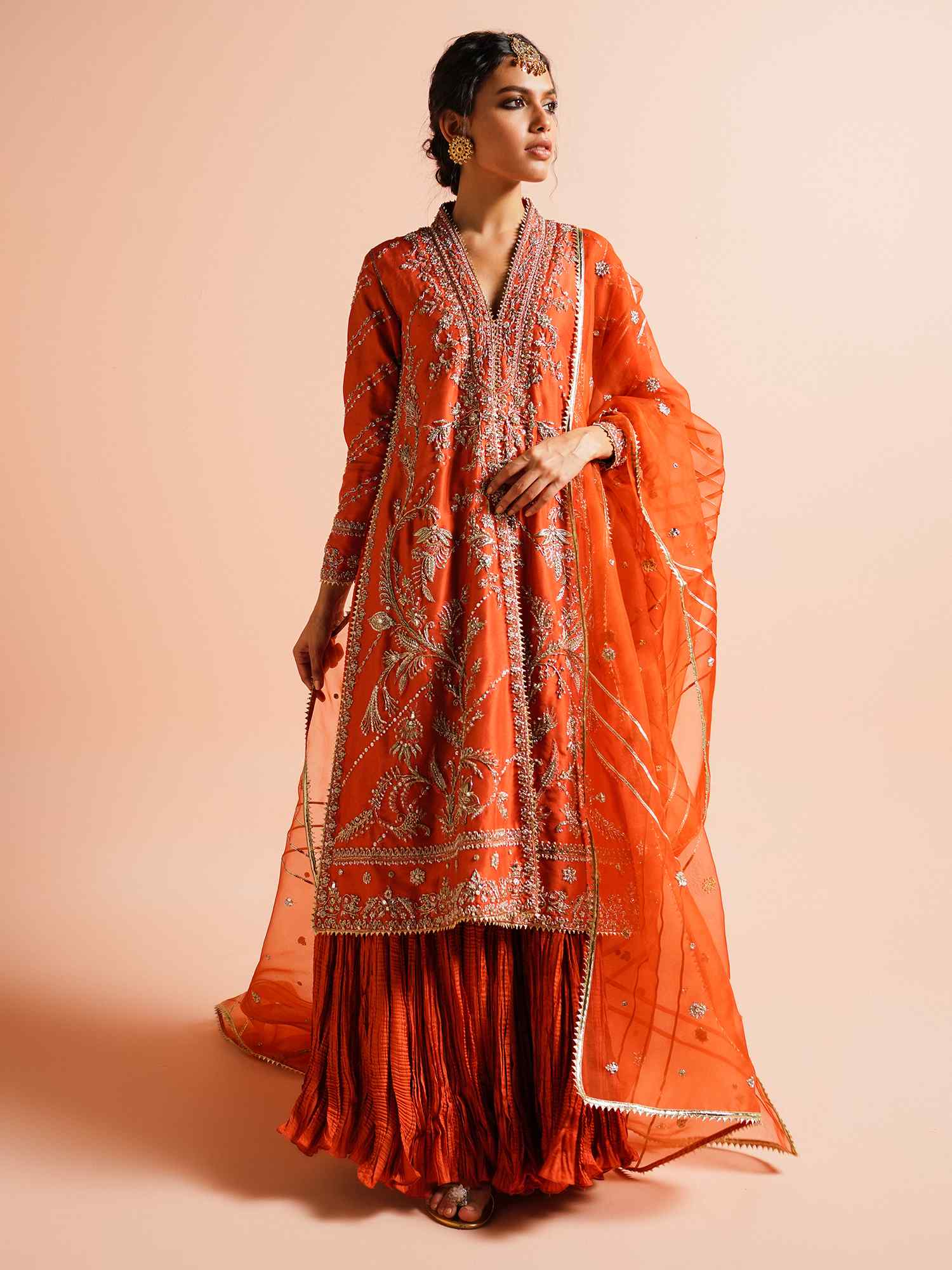 Orange Embroidered Raw Silk Kurta & Crushed Silk Lehenga (3-Piece) - Image 1