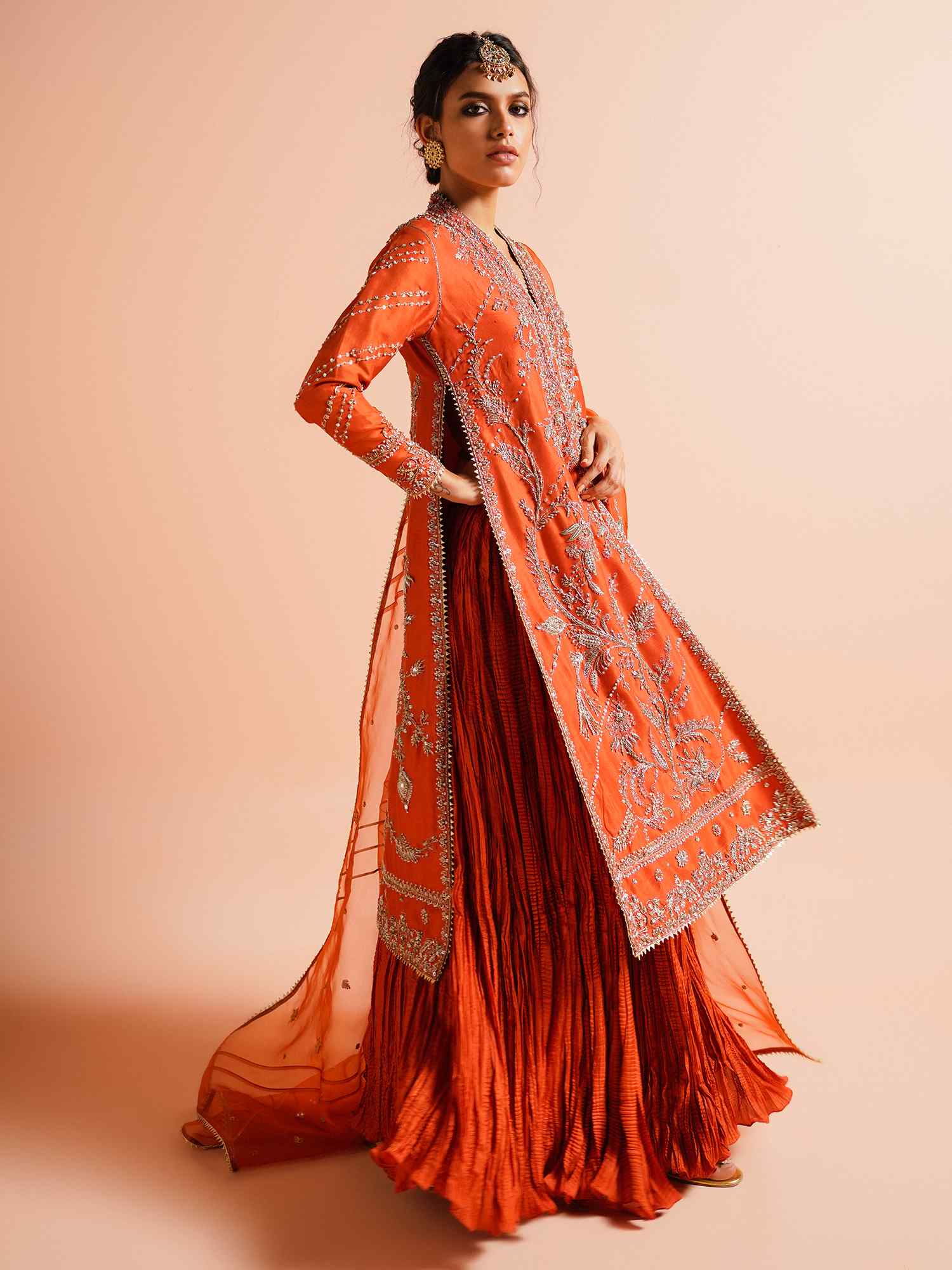 Orange Embroidered Raw Silk Kurta & Crushed Silk Lehenga (3-Piece) - Image 2