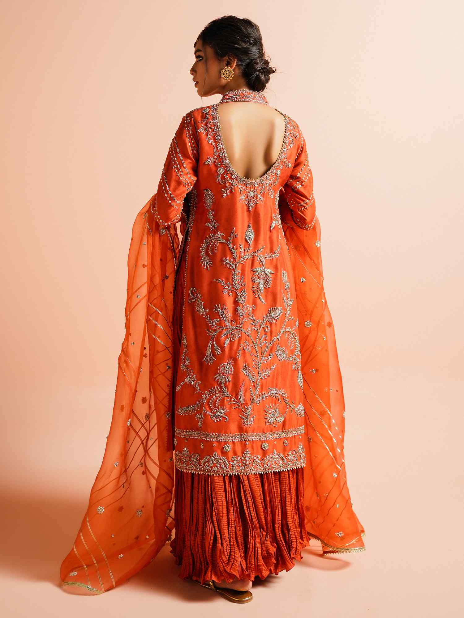Orange Embroidered Raw Silk Kurta & Crushed Silk Lehenga (3-Piece) - Image 3