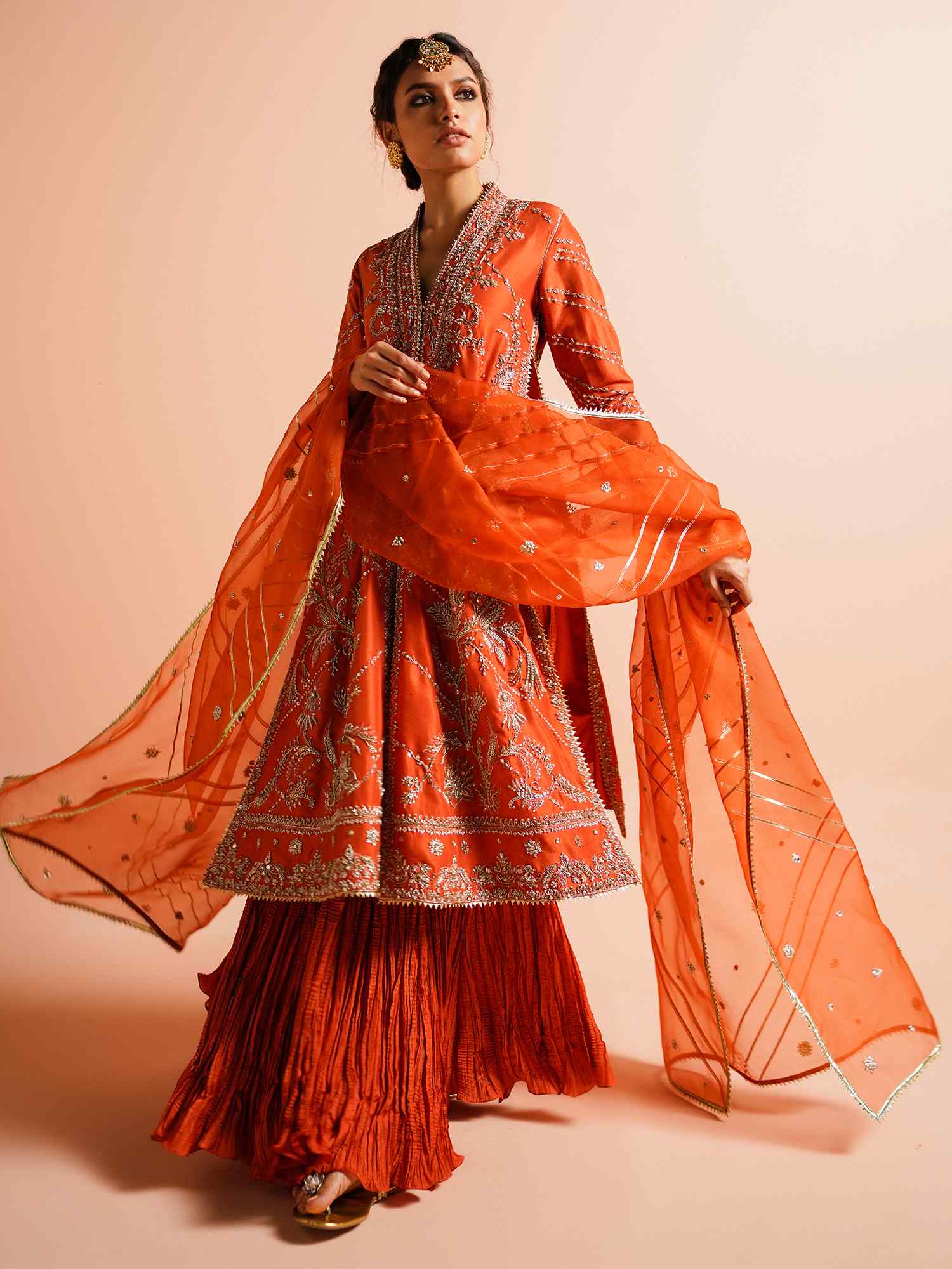 Orange Embroidered Raw Silk Kurta & Crushed Silk Lehenga (3-Piece) - Image 4