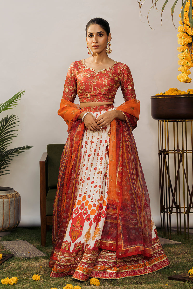 Pakistani Rust Embroidered Raw Silk Lehenga Choli (3-Piece) - Image 1