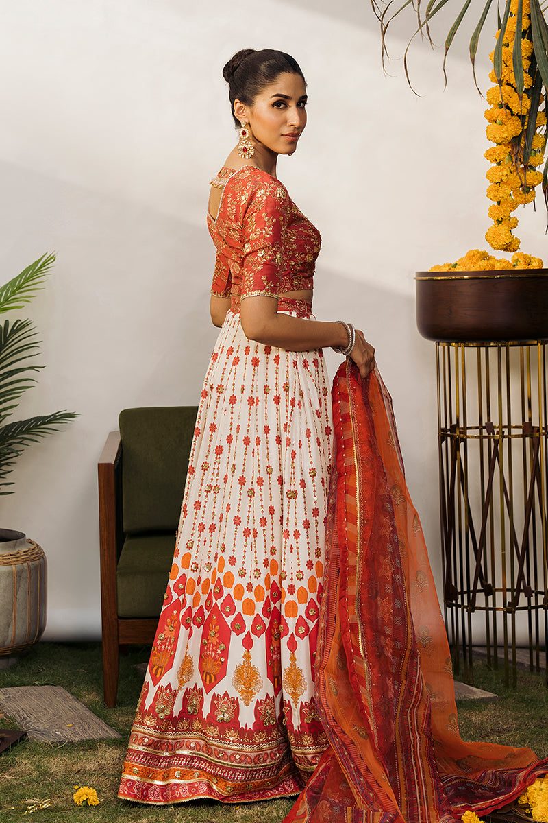 Pakistani Rust Embroidered Raw Silk Lehenga Choli (3-Piece) - Image 2