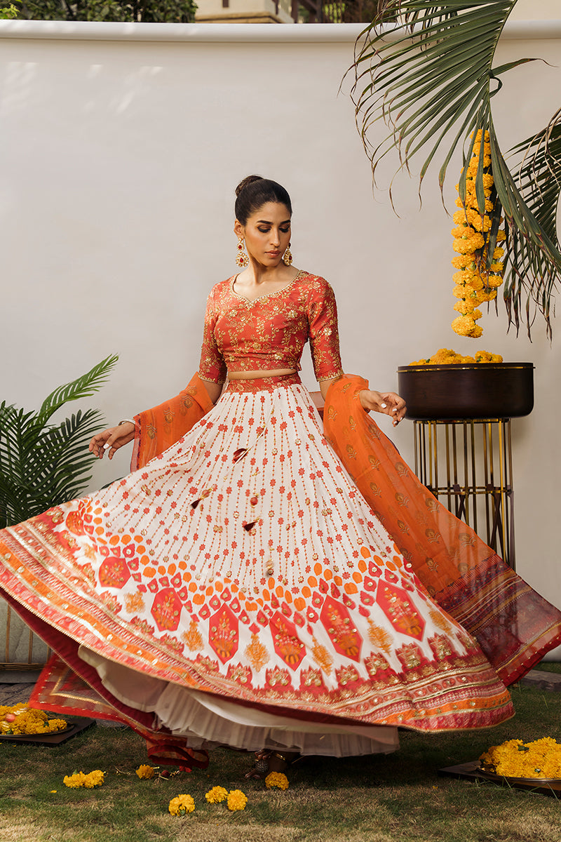 Pakistani Rust Embroidered Raw Silk Lehenga Choli (3-Piece) - Image 3