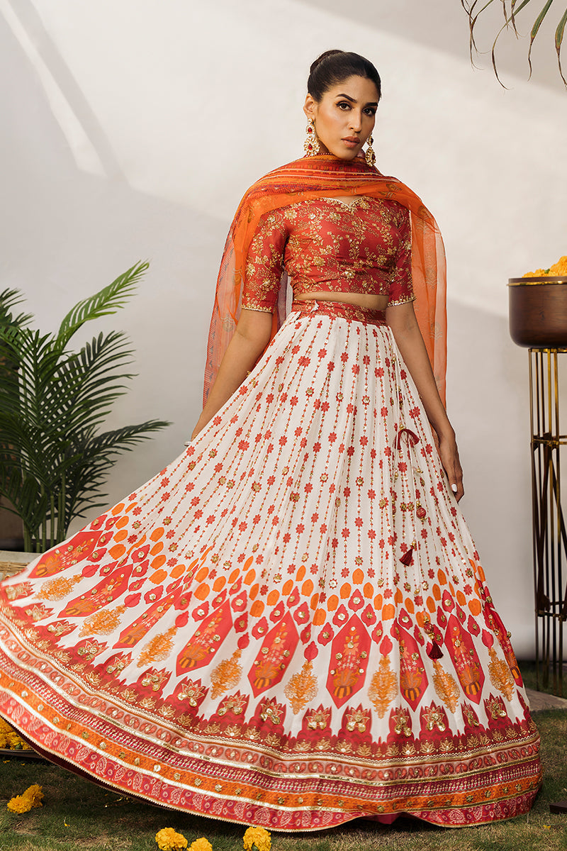 Pakistani Rust Embroidered Raw Silk Lehenga Choli (3-Piece) - Image 4