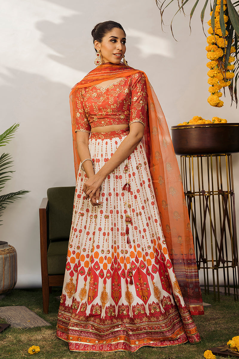Pakistani Rust Embroidered Raw Silk Lehenga Choli (3-Piece) - Image 5