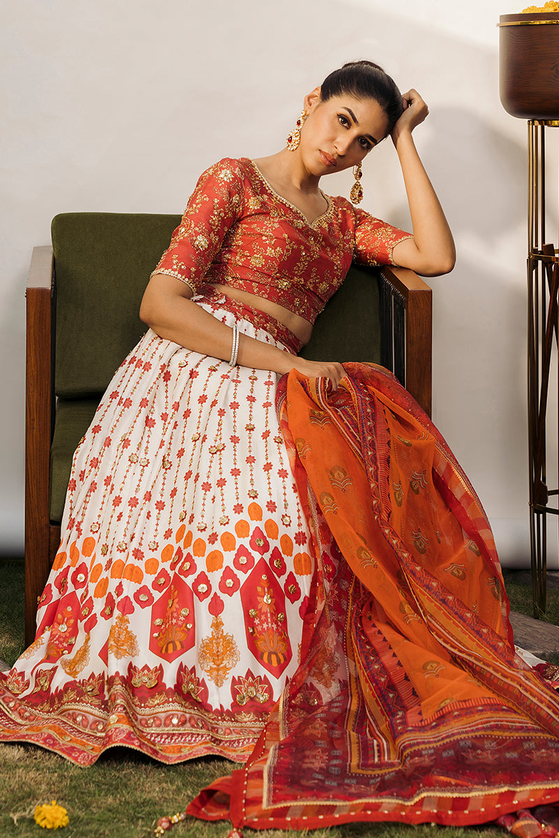 Pakistani Rust Embroidered Raw Silk Lehenga Choli (3-Piece) - Image 6