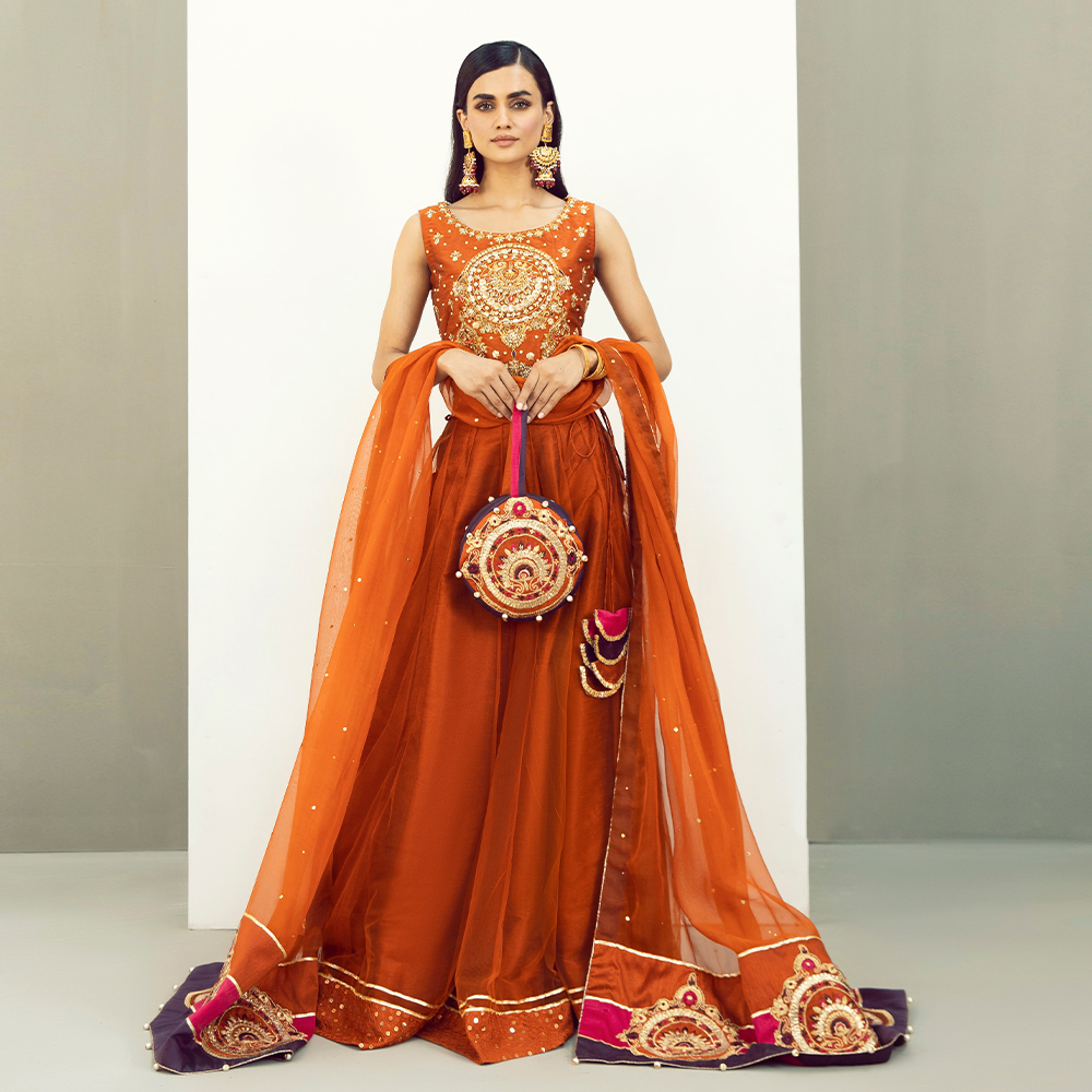 Burnt Orange Hand-Embellished Raw Silk Lehenga (4-Piece) - Image 1