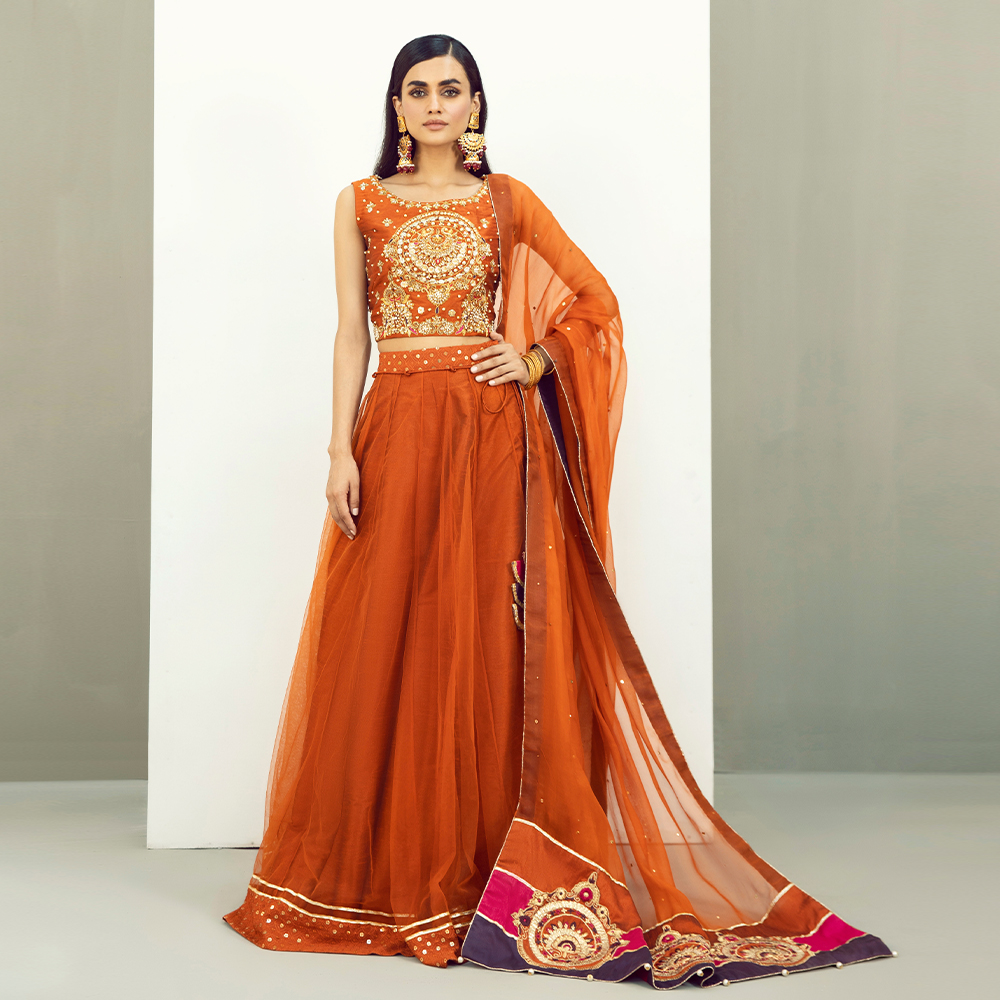 Burnt Orange Hand-Embellished Raw Silk Lehenga (4-Piece) - Image 2
