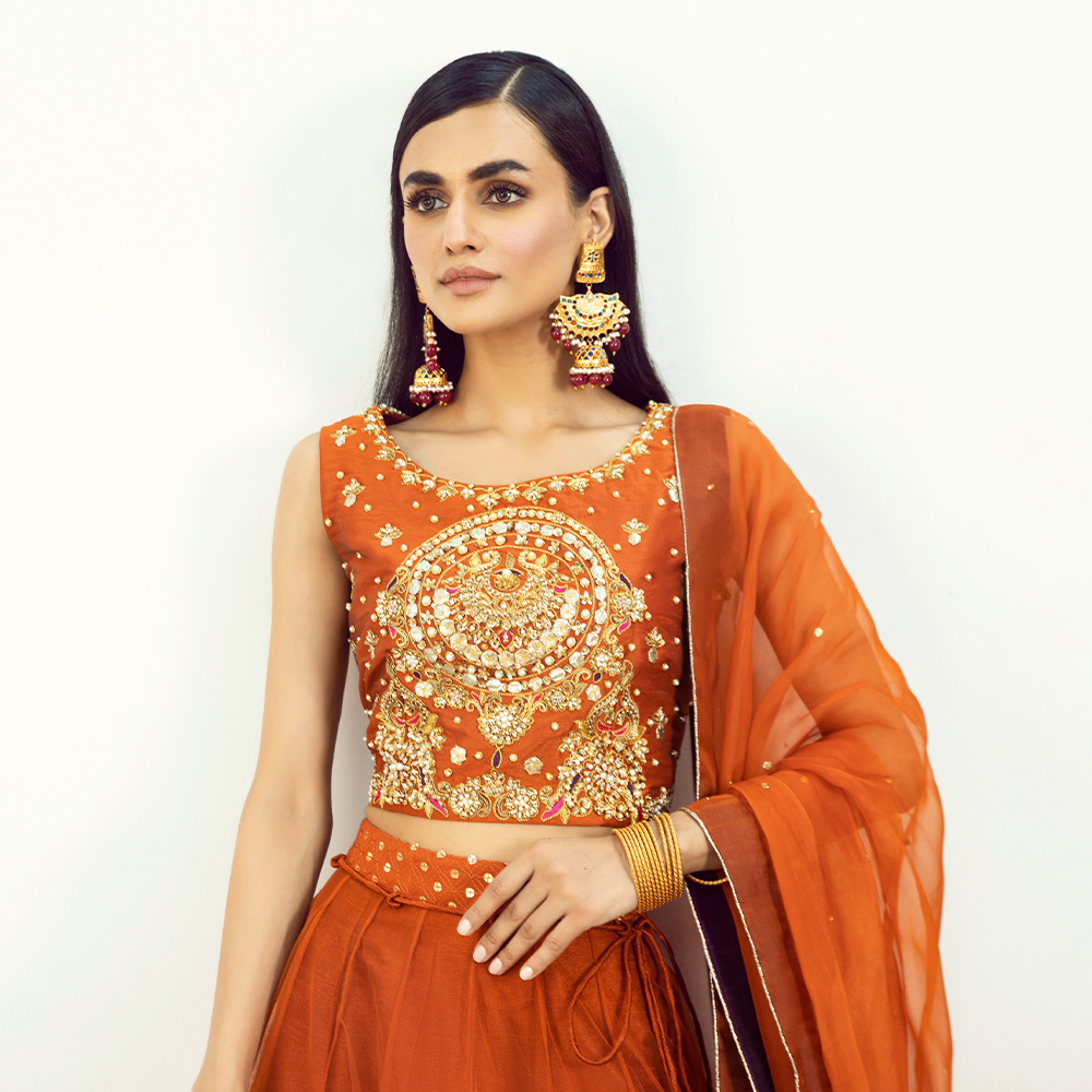 Burnt Orange Hand-Embellished Raw Silk Lehenga (4-Piece) - Image 3