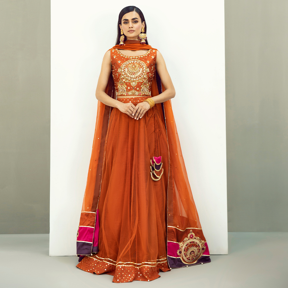 Burnt Orange Hand-Embellished Raw Silk Lehenga (4-Piece) - Image 4