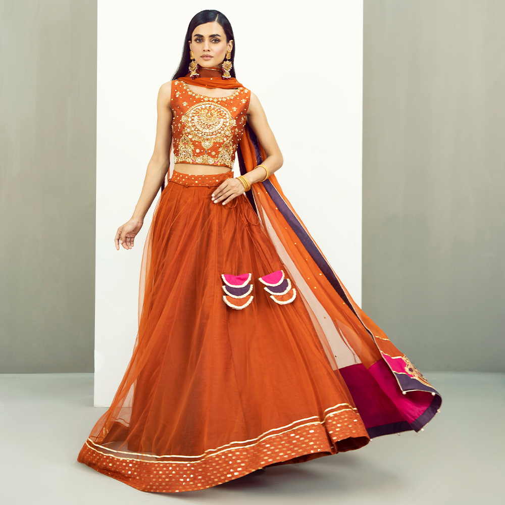 Burnt Orange Hand-Embellished Raw Silk Lehenga (4-Piece) - Image 5