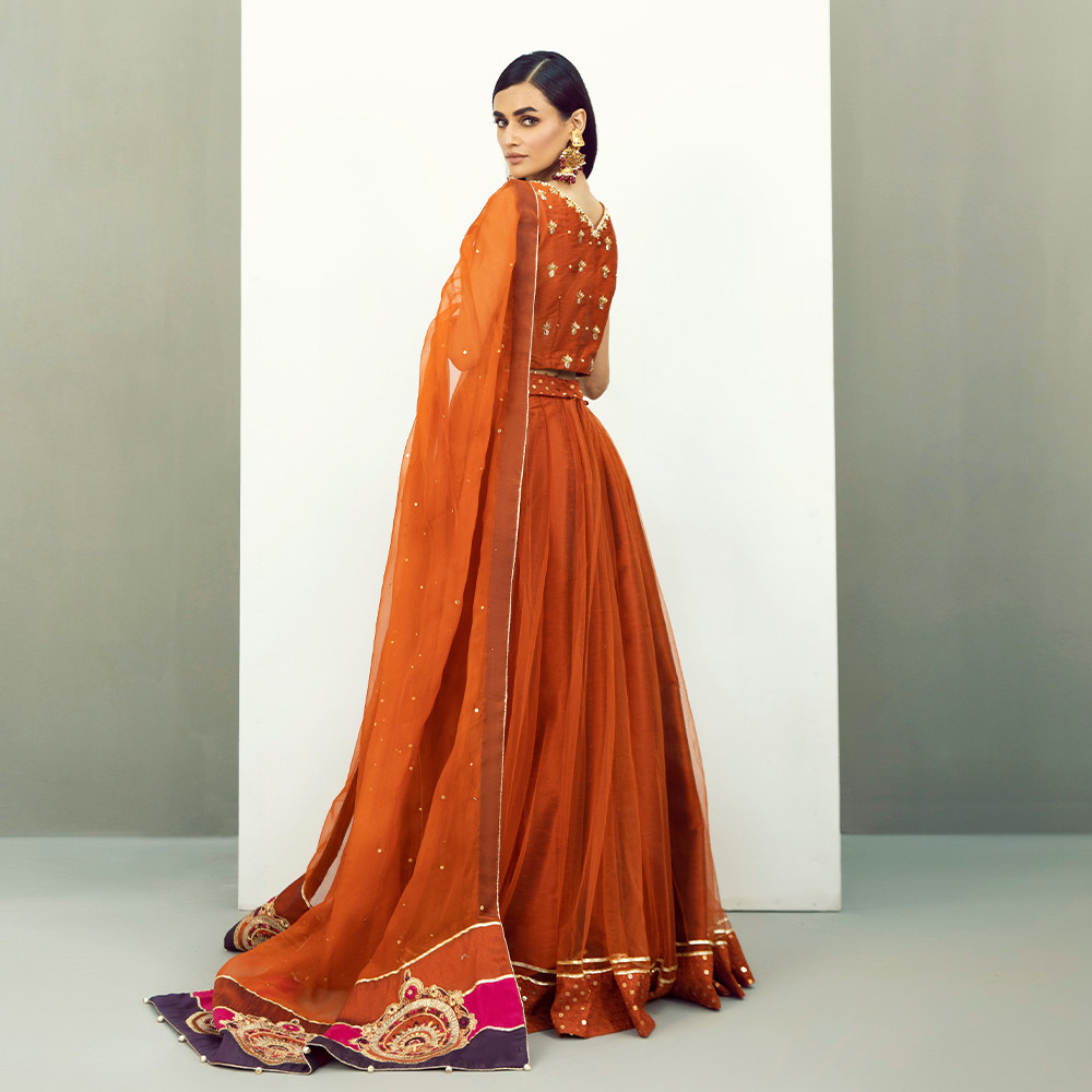 Burnt Orange Hand-Embellished Raw Silk Lehenga (4-Piece) - Image 6
