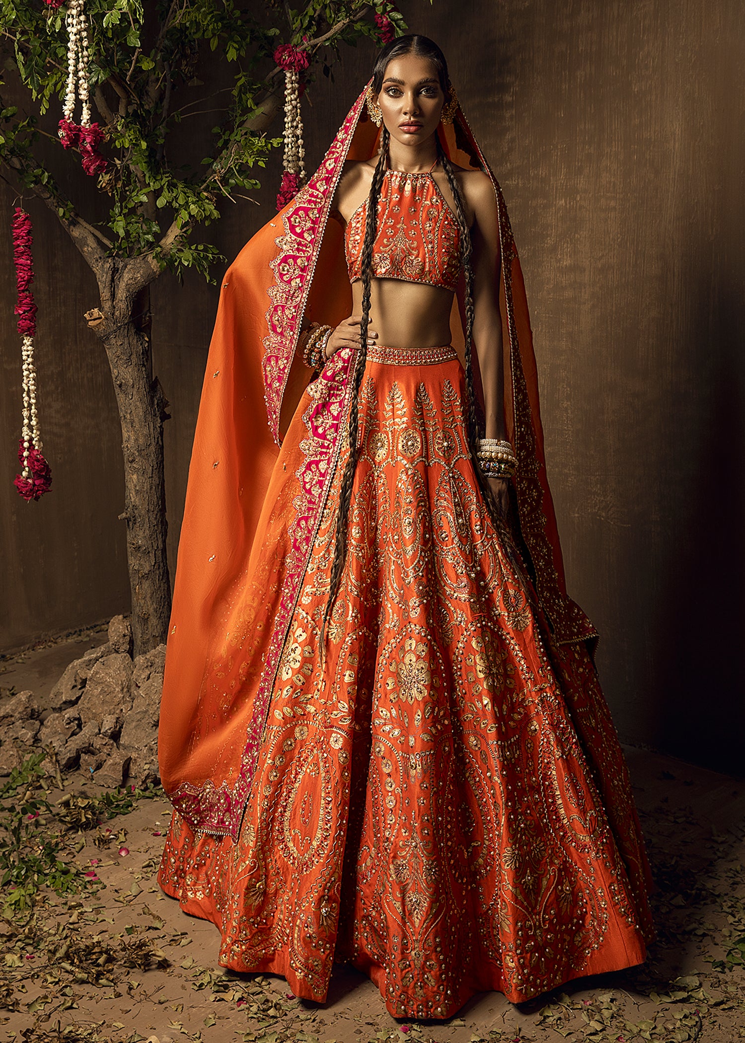 Tangerine Embellished Raw Silk Lehenga (3-Piece) - Image 1