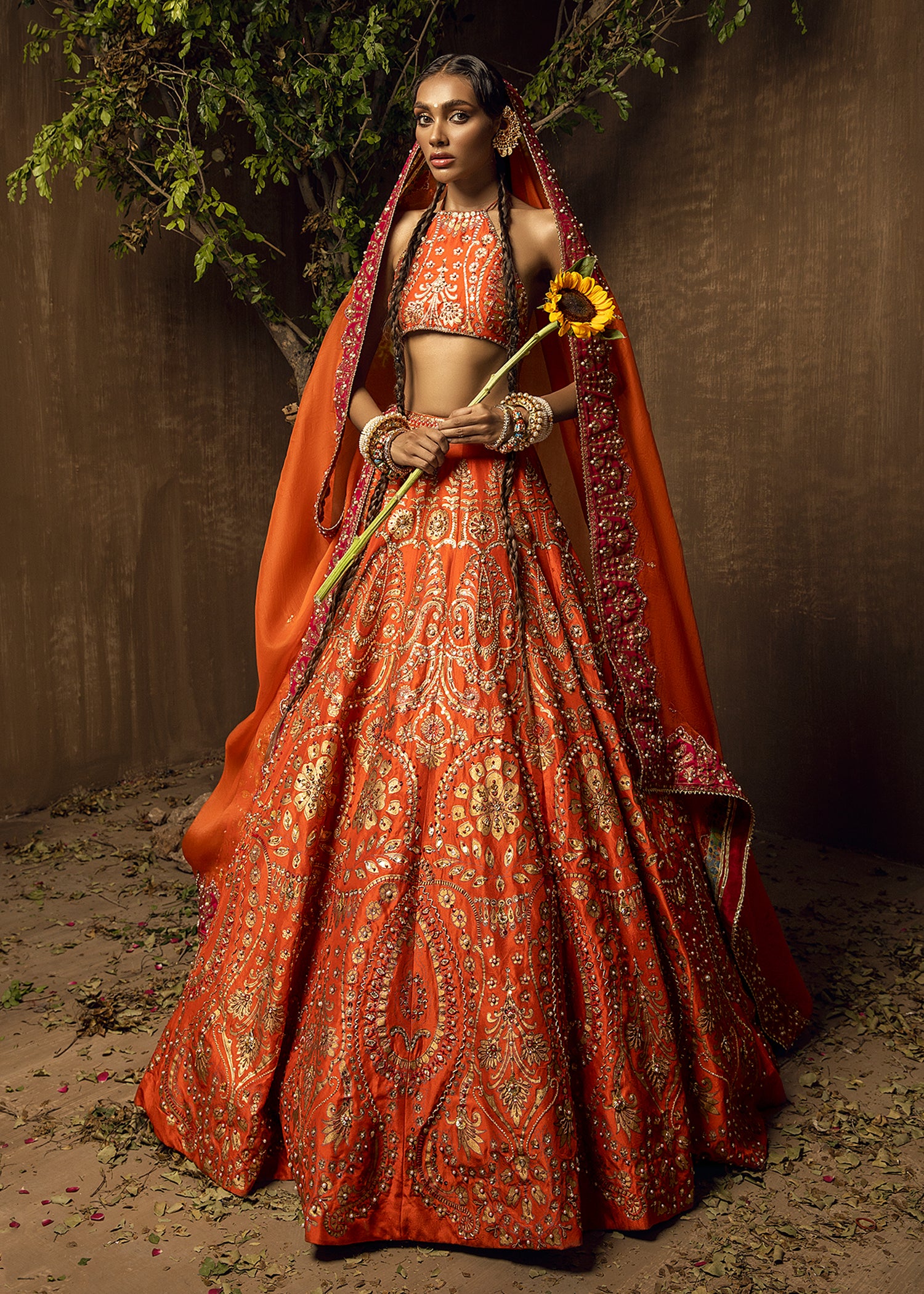 Tangerine Embellished Raw Silk Lehenga (3-Piece) - Image 2