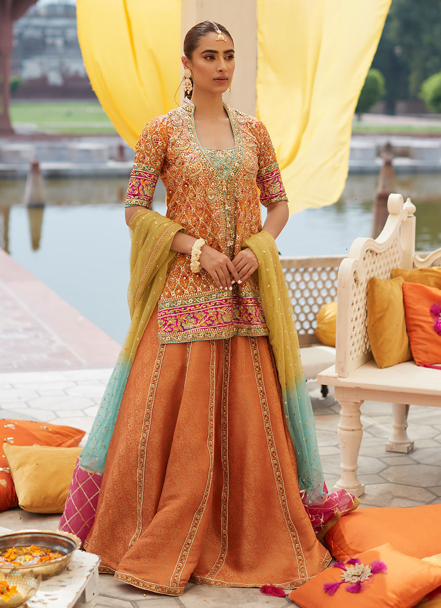 Pakistani Subtle Orange Embellished Silk Lehenga Set (3-Piece) - Image 3