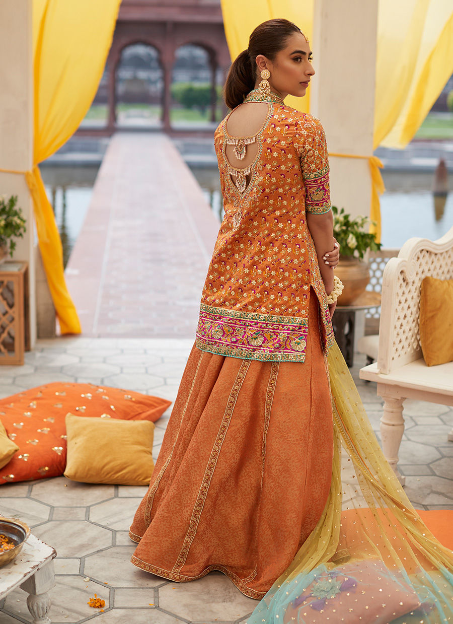 Pakistani Subtle Orange Embellished Silk Lehenga Set (3-Piece) - Image 5