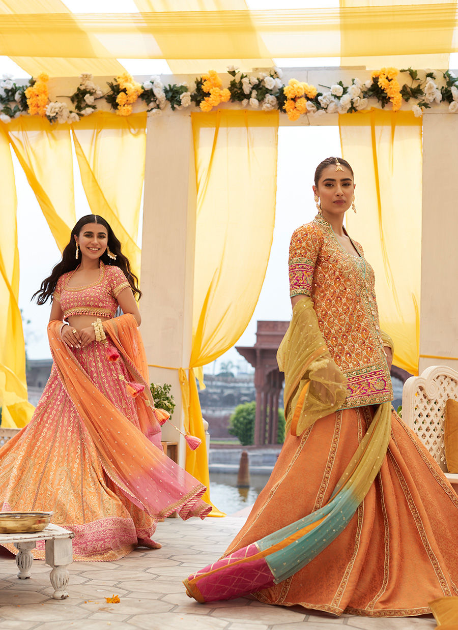 Pakistani Subtle Orange Embellished Silk Lehenga Set (3-Piece) - Image 6