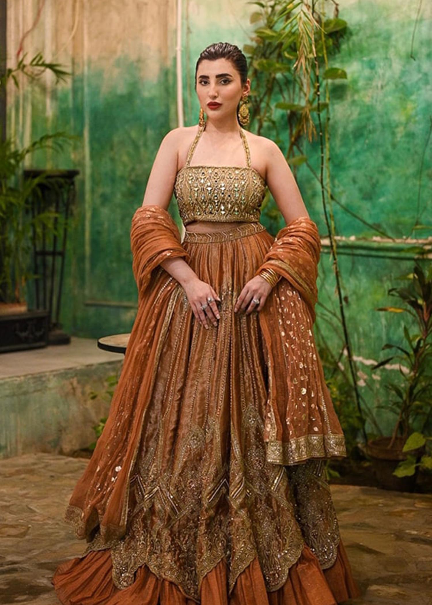 Pakistani Burnt Orange Mirror-Embellished Silk Lehenga (3-Piece) - Image 1