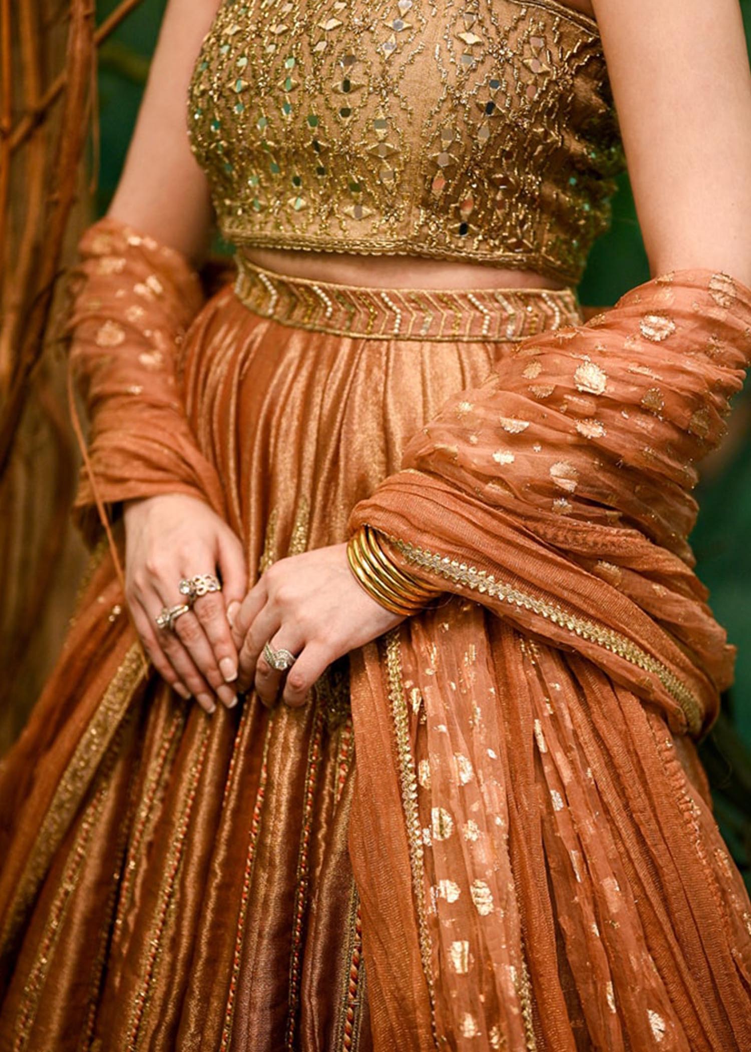 Pakistani Burnt Orange Mirror-Embellished Silk Lehenga (3-Piece) - Image 2