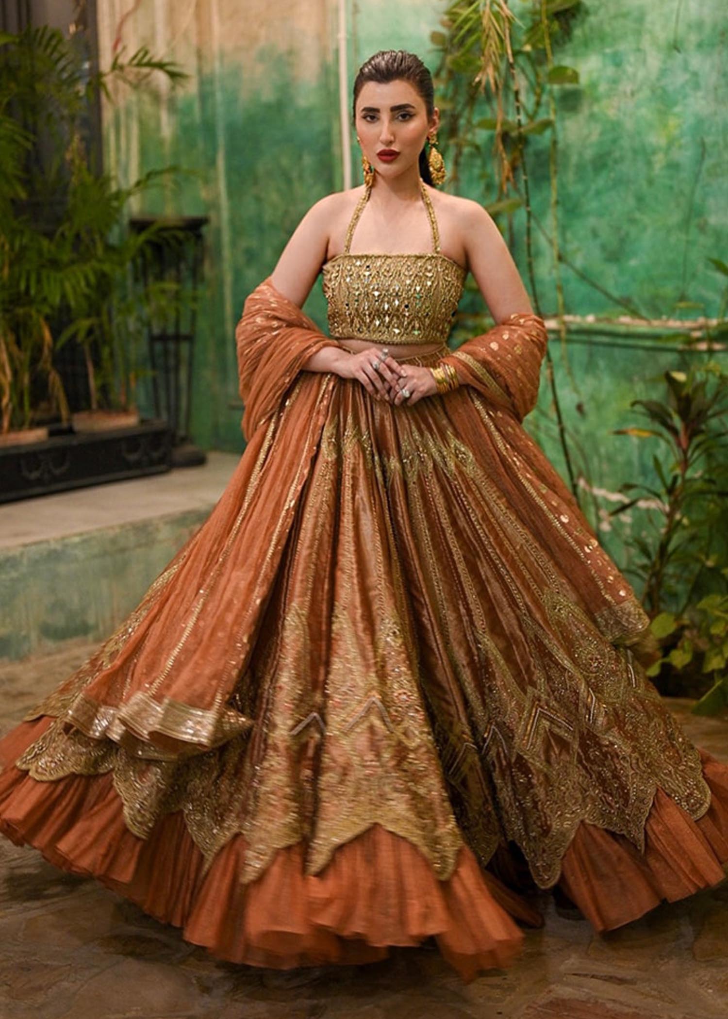 Pakistani Burnt Orange Mirror-Embellished Silk Lehenga (3-Piece) - Image 3