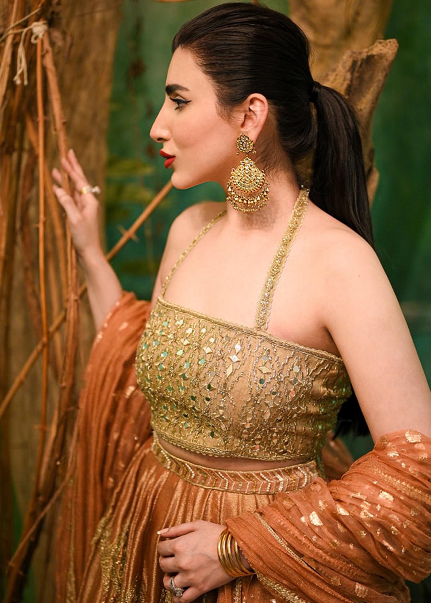 Pakistani Burnt Orange Mirror-Embellished Silk Lehenga (3-Piece) - Image 4