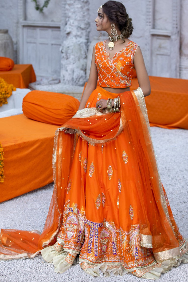 Pakistani Orange Embroidered Silk Lehenga Choli (3-Piece) - Image 1