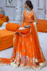 Pakistani Orange Embroidered Silk Lehenga Choli (3-Piece) - Image 2