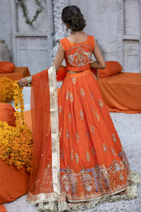 Pakistani Orange Embroidered Silk Lehenga Choli (3-Piece) - Image 3