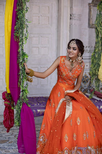 Pakistani Orange Embroidered Silk Lehenga Choli (3-Piece) - Image 4