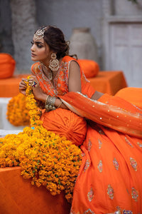 Pakistani Orange Embroidered Silk Lehenga Choli (3-Piece) - Image 5