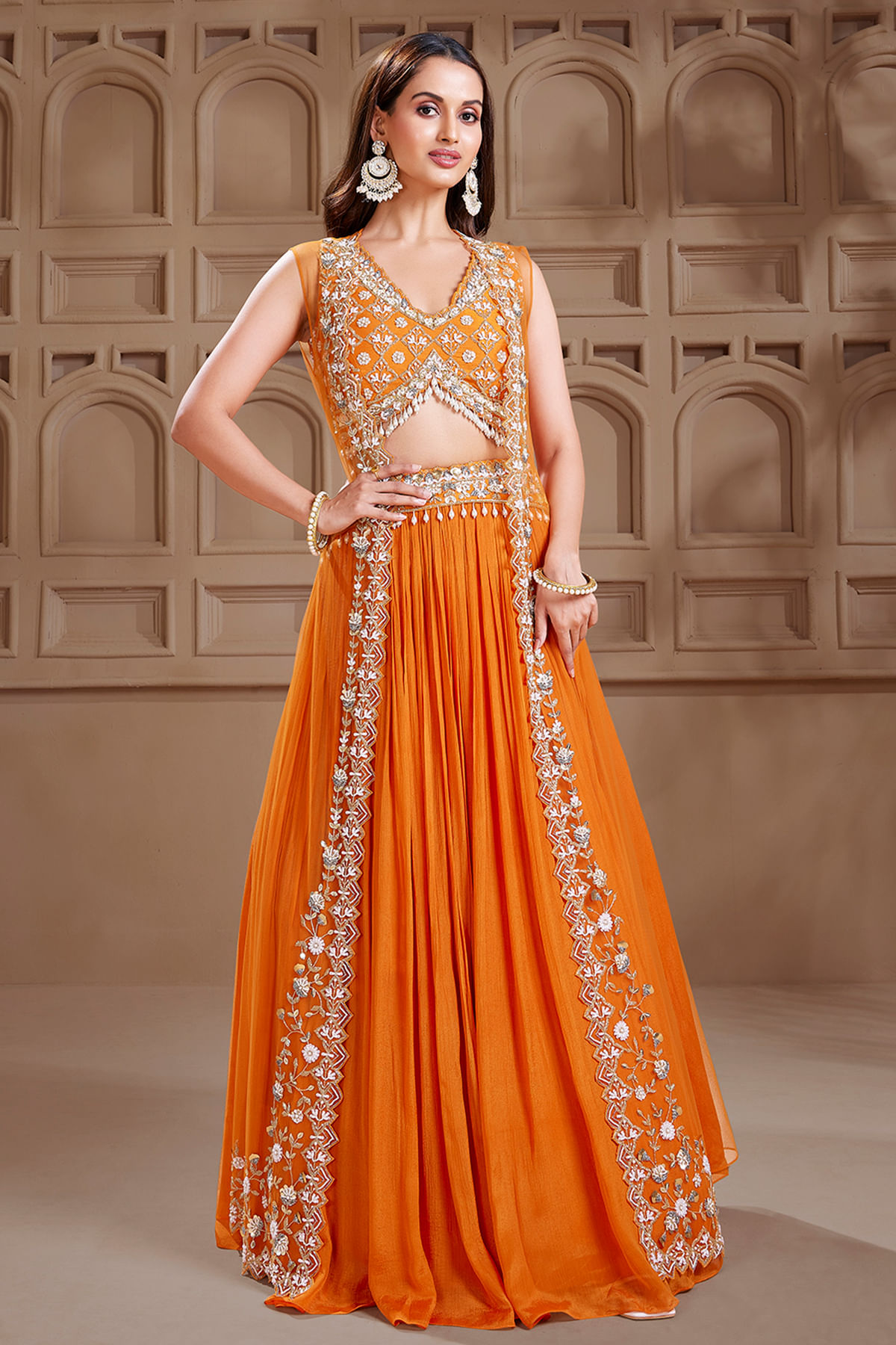 Indian Orange Sequinned Embroidered Silk & Georgette Lehenga (3-Piece) - Image 1