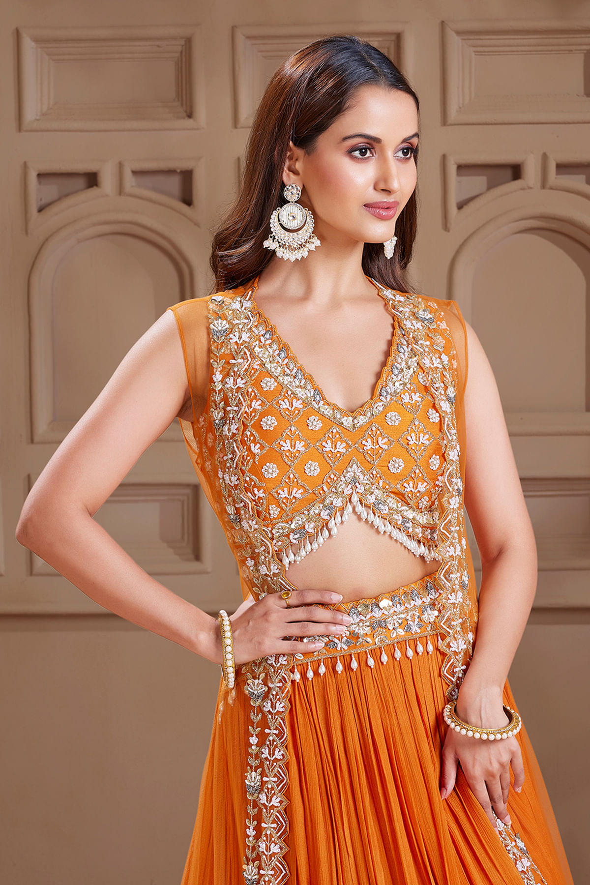 Indian Orange Sequinned Embroidered Silk & Georgette Lehenga (3-Piece) - Image 2