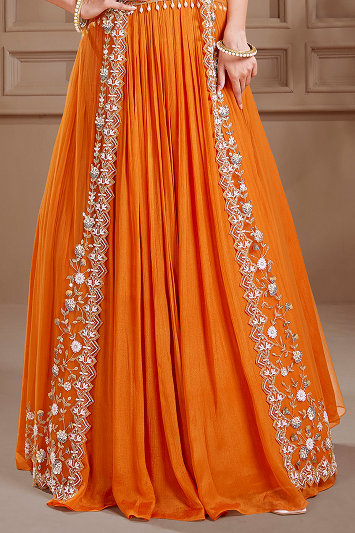 Indian Orange Sequinned Embroidered Silk & Georgette Lehenga (3-Piece) - Image 3