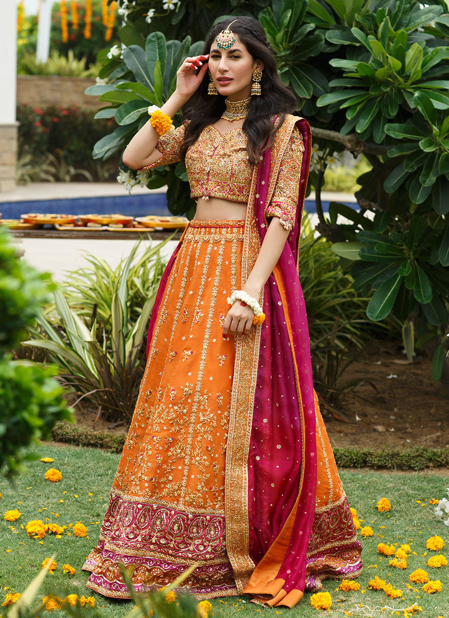Burnt Orange Embroidered Tulle Lehenga Choli (3-Piece) - Image 1