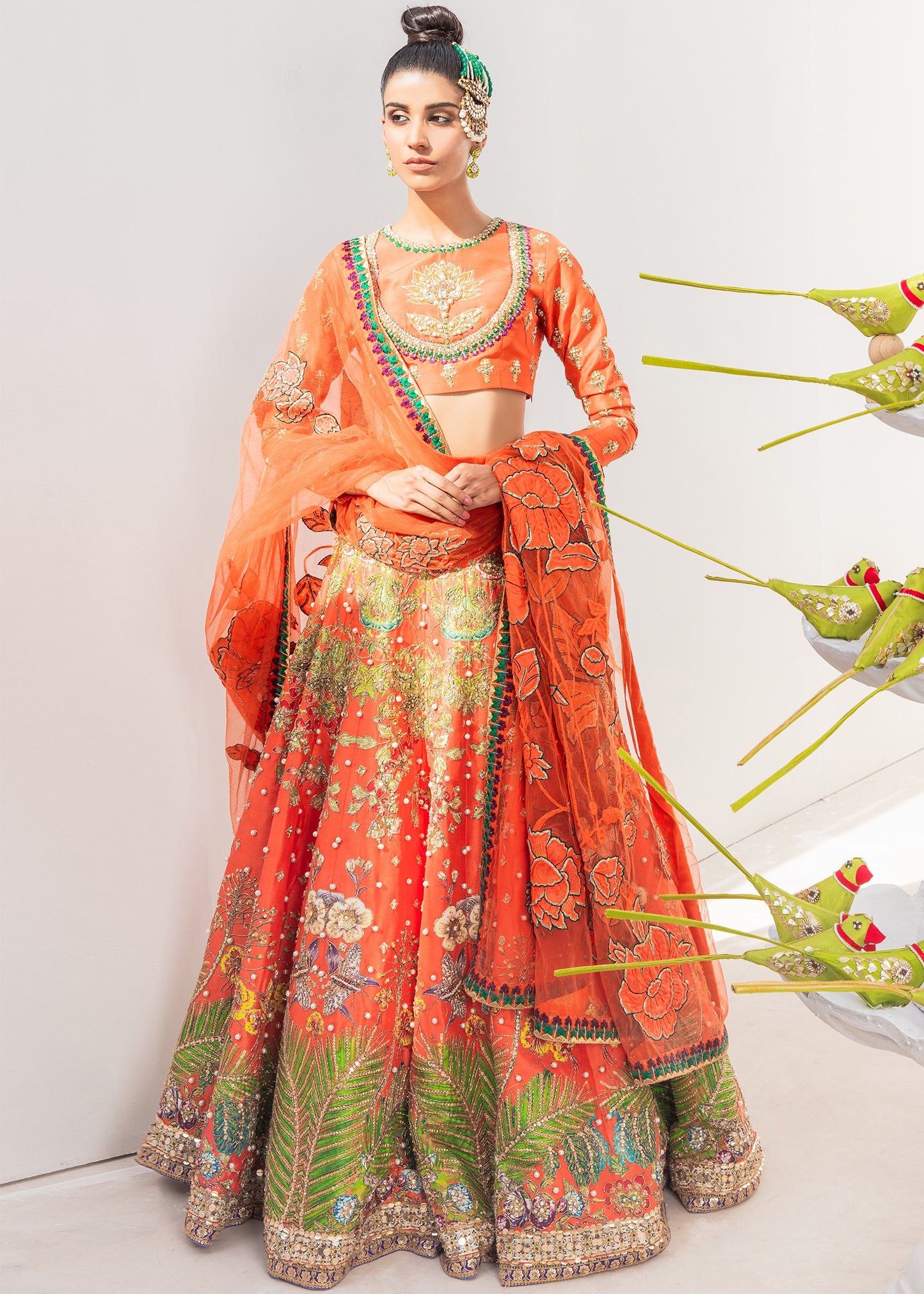 Orange Embroidered Tulle Lehenga Set (3-Piece) - Image 1