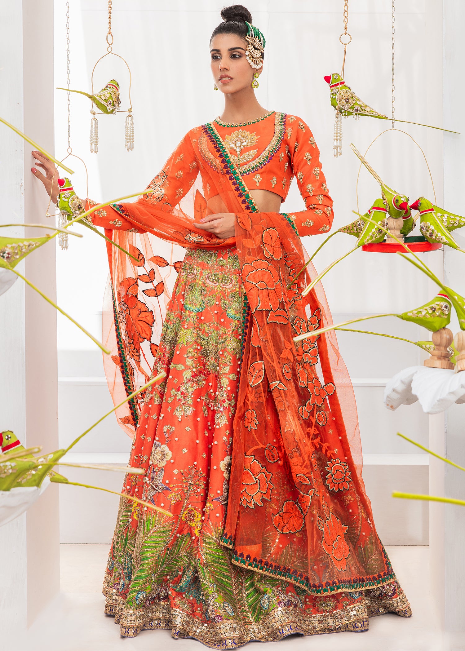 Orange Embroidered Tulle Lehenga Set (3-Piece) - Image 2
