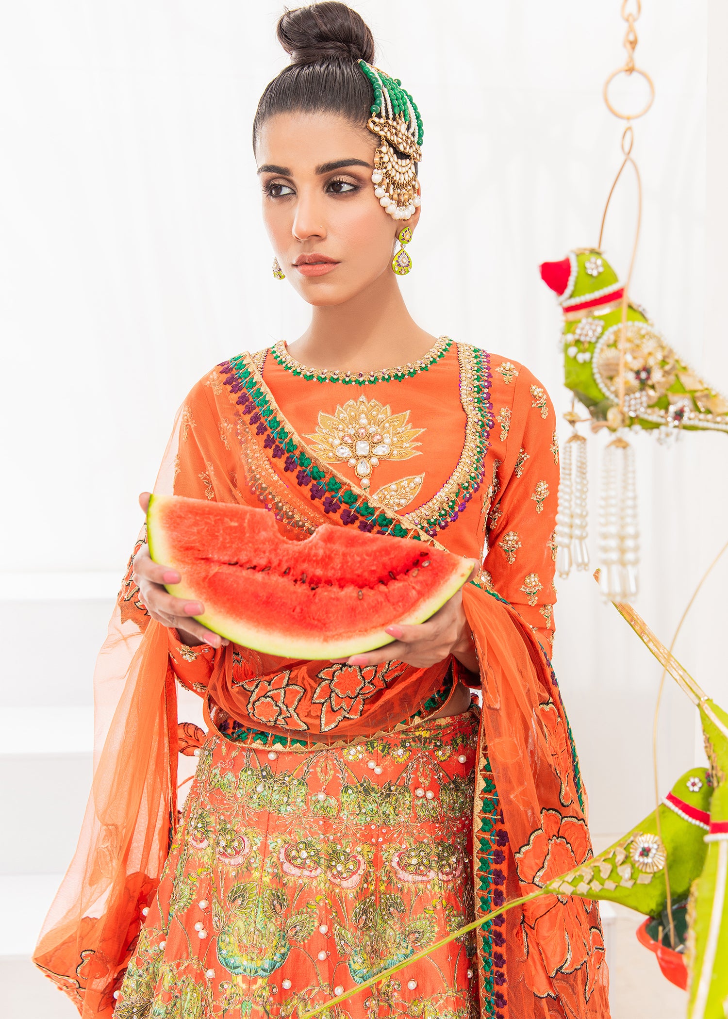 Orange Embroidered Tulle Lehenga Set (3-Piece) - Image 3